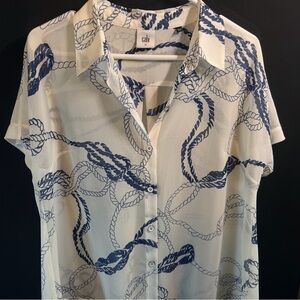 Cabi Boating Blouse Rope Print Sheer Button Up Top Nautical White Blue M